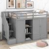 Functional Loft Bed with 3 Shelves, 2 Wardrobes and 2 Drawers, Ladder with Storage, No Box Spring Needed, Gray