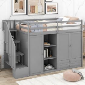 Functional Loft Bed with 3 Shelves, 2 Wardrobes and 2 Drawers, Ladder with Storage, No Box Spring Needed, Gray