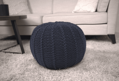 Bordeaux Knitted Cotton Round Pouf, Dark Blue