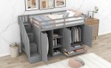 Functional Loft Bed with 3 Shelves, 2 Wardrobes and 2 Drawers, Ladder with Storage, No Box Spring Needed, Gray