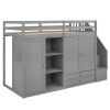 Functional Loft Bed with 3 Shelves, 2 Wardrobes and 2 Drawers, Ladder with Storage, No Box Spring Needed, Gray