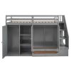 Functional Loft Bed with 3 Shelves, 2 Wardrobes and 2 Drawers, Ladder with Storage, No Box Spring Needed, Gray