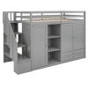 Functional Loft Bed with 3 Shelves, 2 Wardrobes and 2 Drawers, Ladder with Storage, No Box Spring Needed, Gray