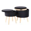 Tray Contemporary Storage Ottoman with Matching Stool in Black Velvet and Natural Wood Legs by LumiSource