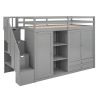 Functional Loft Bed with 3 Shelves, 2 Wardrobes and 2 Drawers, Ladder with Storage, No Box Spring Needed, Gray