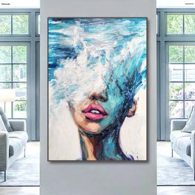 Hand Painted Oil Painting Abstract Portrait Wall Art Hand painted-Nordic Light Blue Girl Oil Paintings On Canvas-Hand Made-For Home Decoration (size: 150x220cm)