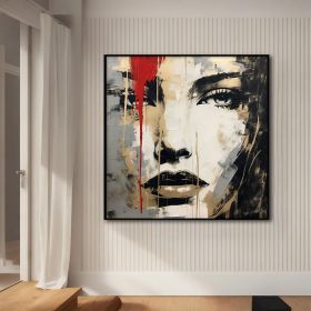 Handmade Oil Painting Woman Face Red Gray Gold Black Textured Figure Painting Acrylic Abstract Oil Painting Wall Decor Living Room Office (size: 140x140cm)