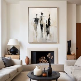Hand Painted Original Beige Wall Art Black Oil Painting Contemporary Minimalist Art Minimalist Figure Painting Portrait Painting Custom Gift (size: 90x130cm)