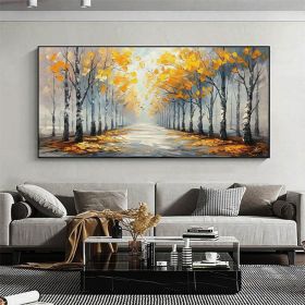 Hand Painted Abstract Forest Road Oil Painting On Canvas Large Original Textured Yellow Tree Landscape Wall Art Custom Modern Trendy Living Room Decor (size: 140x280cm)